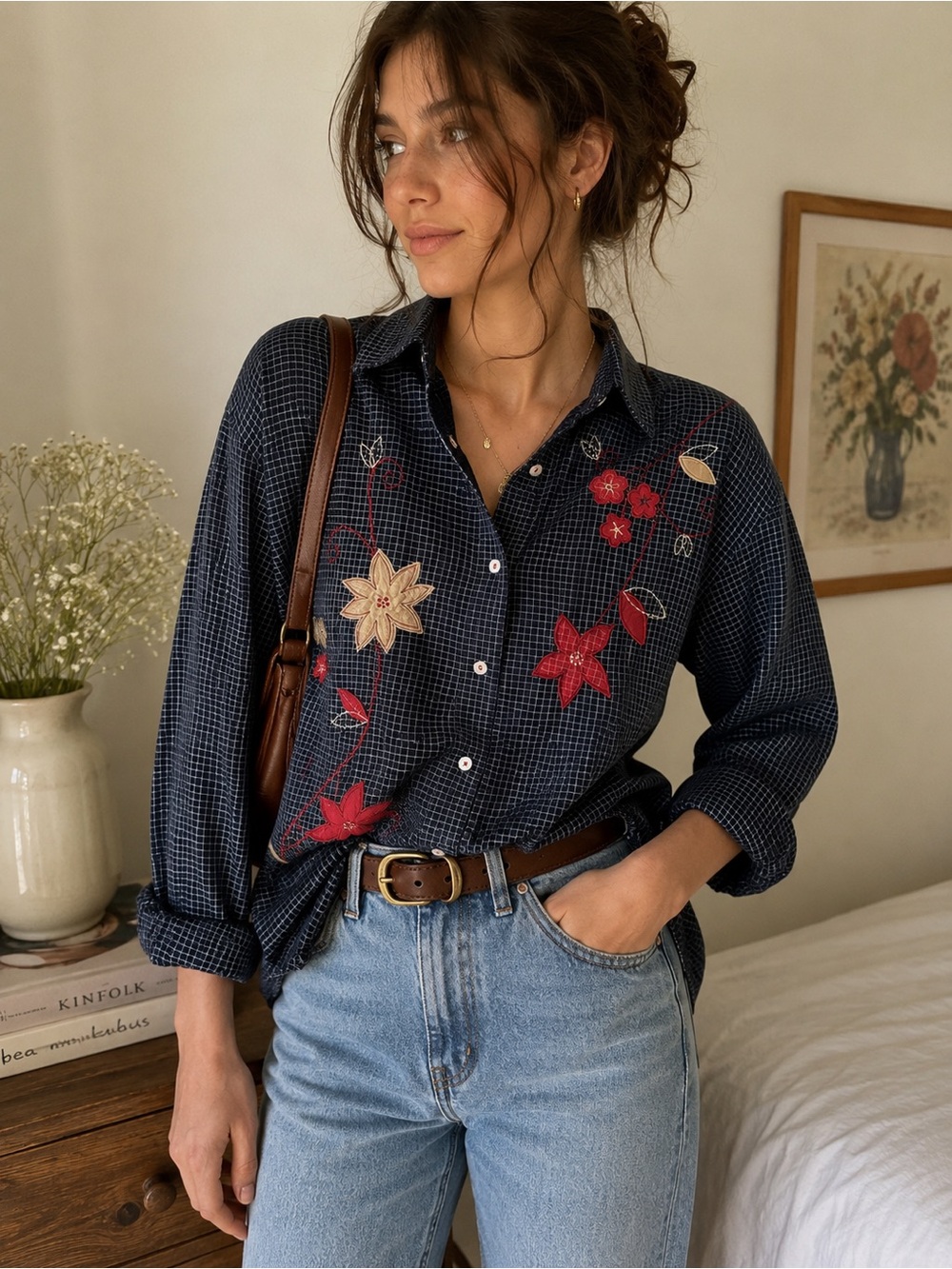Bobbie Brooks Embroidered Navy Floral Button-Down Shirt
